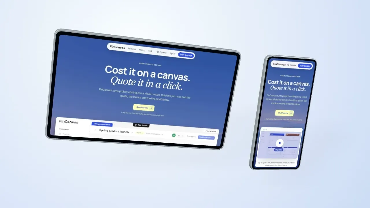 FinCanvas’s visual project-costing product and website on floating device screens.
